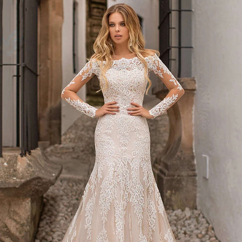 Champagne Mermaid Dresses 2023 Modern Detachable Train With Long Sleeve Jacket Appliques Wedding Gown Vestidos De Novia