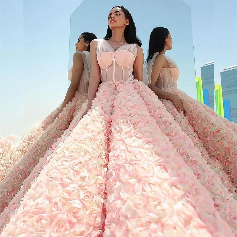 Illusion A e Evening Dresses V Neck Sleeveless Gown 3D ral Ruffles Sweep Train Prom Party Dress Custom Made