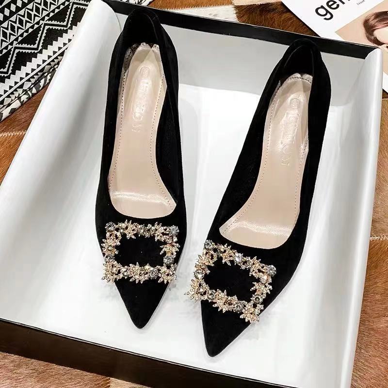 Suede Leather Pumps for Women - 6/8cm Thin High Heels, hot Wedding & Party Shoes, Buckle Design