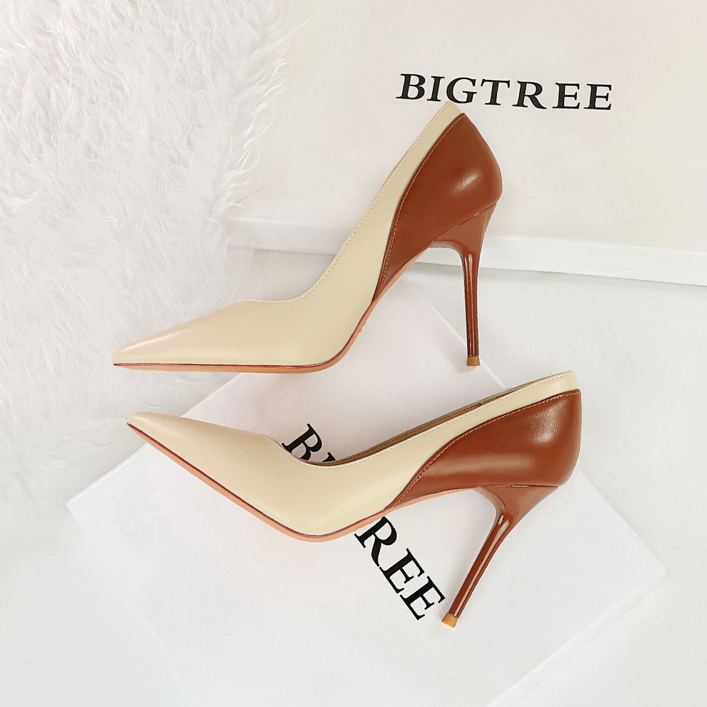 Retro style high heels slim heels banquet women's shoes shallow mouth pointed color blocked spring and autumn new super high heels single shoes