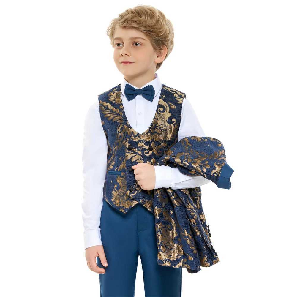 Suits Children Gold Printed Formal Wedding Suit Kids Jacket Vest Pants Photograph Dress Boys Tuxedo Suit Children Graduation Costume