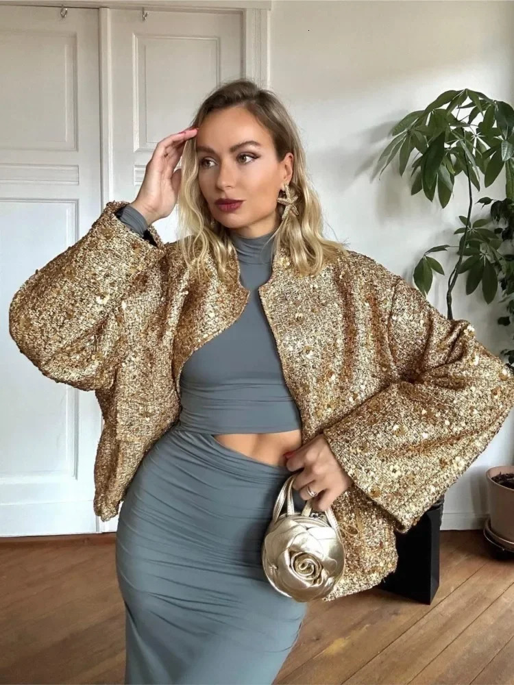 Chic Golden Sequin Zipper Jacket For Women Fashion Loose Round Neck Long Sleeved Coats Spring Female Party Club Shiny Outerwear 240715
