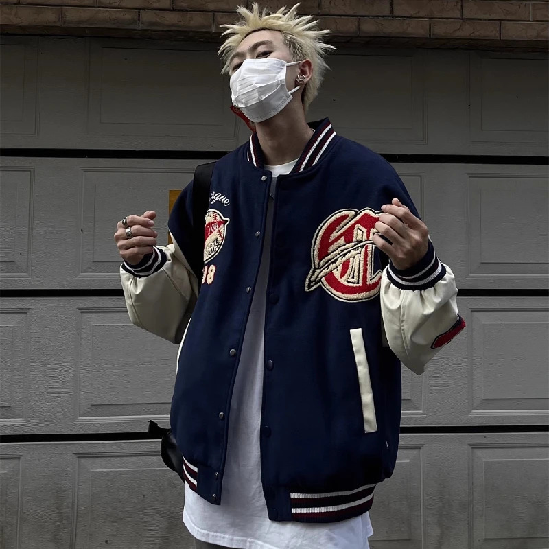 Korean College Mens Baseball Jacket Pattern Flocking Embroidered Patchwork Coat Punk Harajuku Motorcycle Outwear Y2k 240717