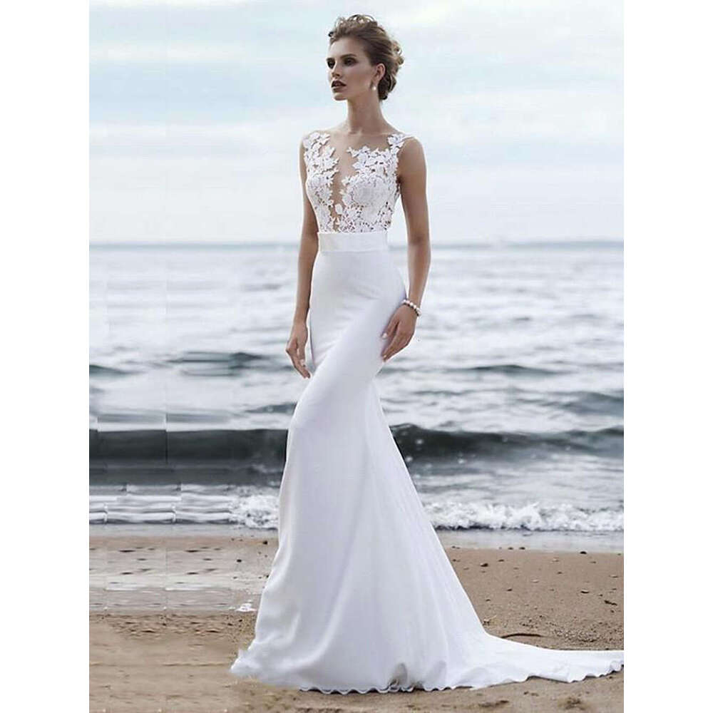 Mermaid Satin Appliques Wedding Dresses For Women Simple Lace Embroidery O Neck Illusion Sleeveless Bridal Gown Vestido De Novia