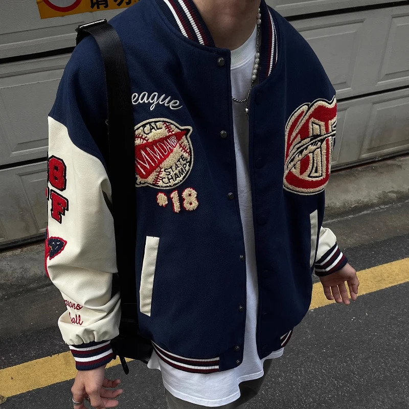 Korean College Mens Baseball Jacket Pattern Flocking Embroidered Patchwork Coat Punk Harajuku Motorcycle Outwear Y2k 240717
