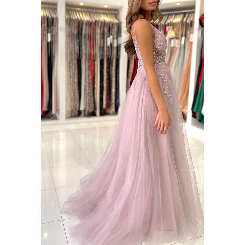 Spaghetti Strap Sparkly Sequined Beadings Evening Dresses For Women 2023 Pink Soft Tulle Party Gown High Split A Line Sleeveless