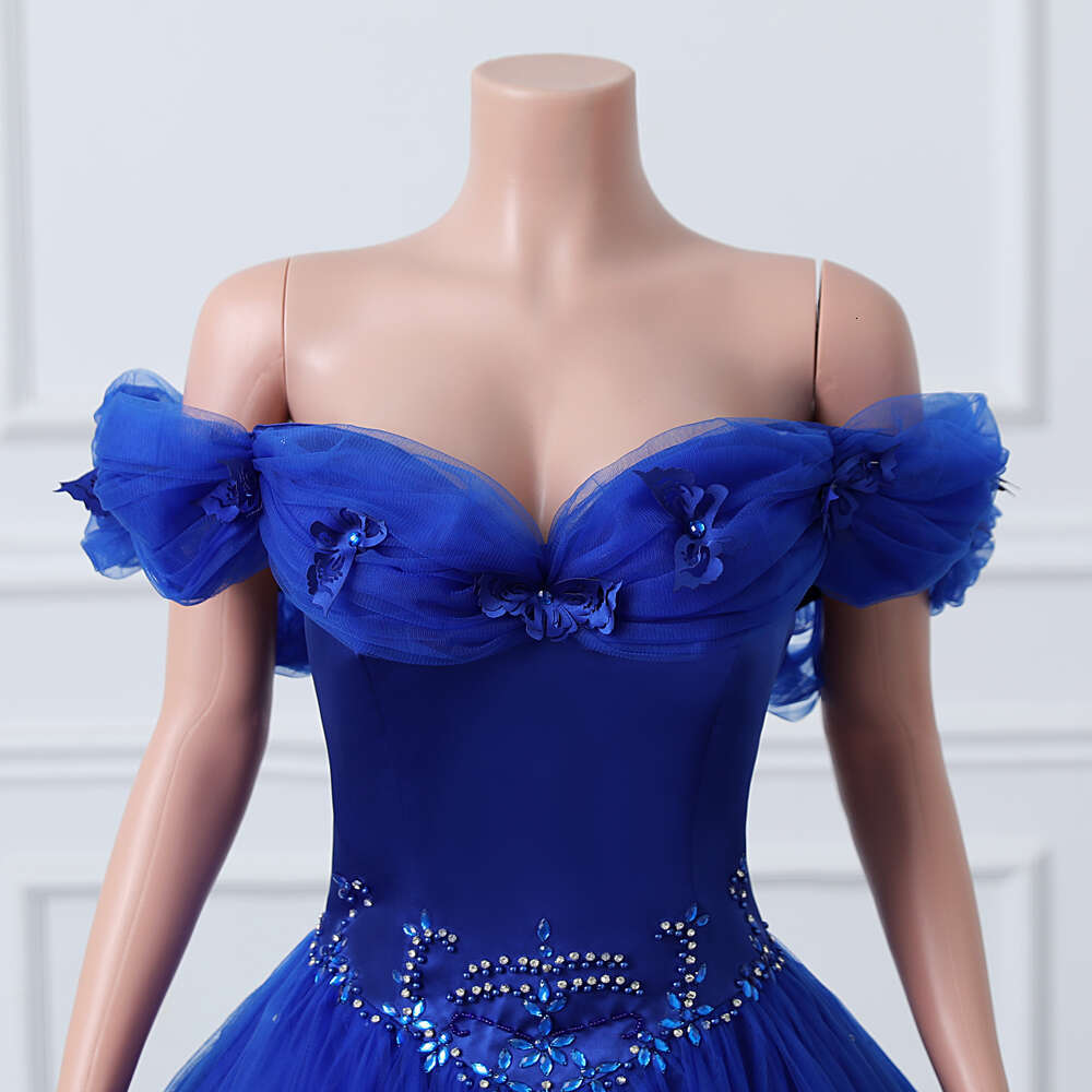 Crystal Beaded Evening Dresses Royal Blue Tulle Appliques Off Shoulder Formal Party Prom Ball Gown Lace Up Robe De Soiree
