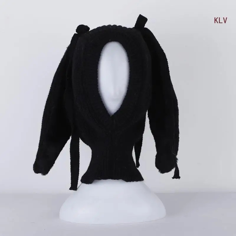 Winter Windproof Balaclava Hat Solid Color Long Rabbit Ears Bow Knit Scarf Collar Hat Earflap Bomber Hat for Women 240712
