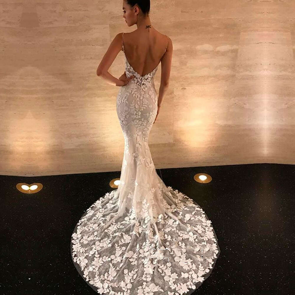 Casual Vintage Wedding Dresses For Women Mermaid Summer Sexy Backless V Neck Lace Spaghetti Straps Bridal Gowns Vestido De Novia