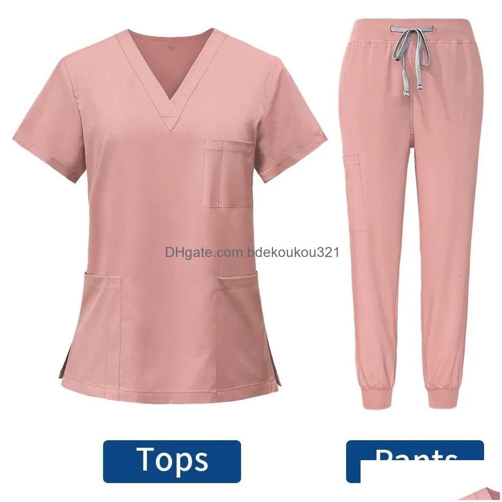 Women'S Two Piece Pants Anti Wrinkle Washable Soft Fabric Nurse Scrubs Hospital Uniform Women Jogger Sets Pair 240418 Drop Delivery A Dh90U