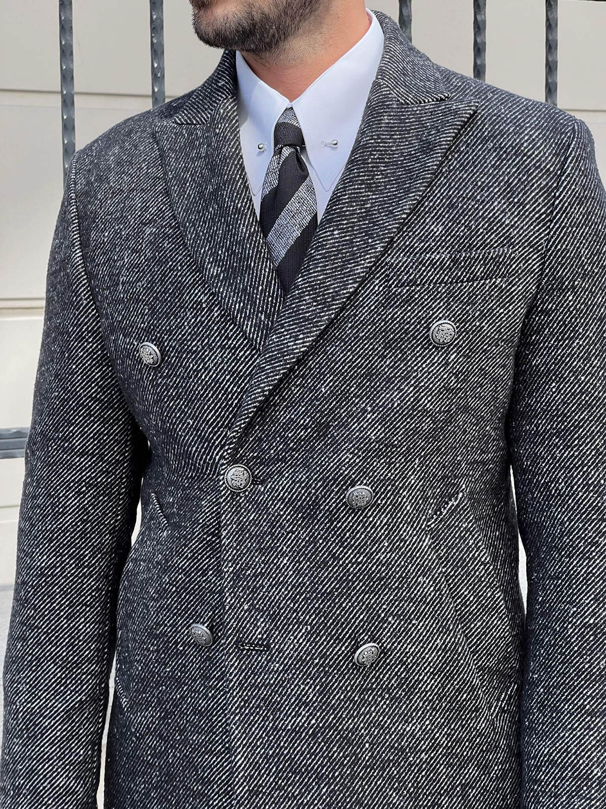 Autumn Gray Men Suits Thick Wool Custom Made Double Breasted Tuxedos Peaked Lapel Blazer Back Vent Business High Quality Popular Cheap Price Long Coat