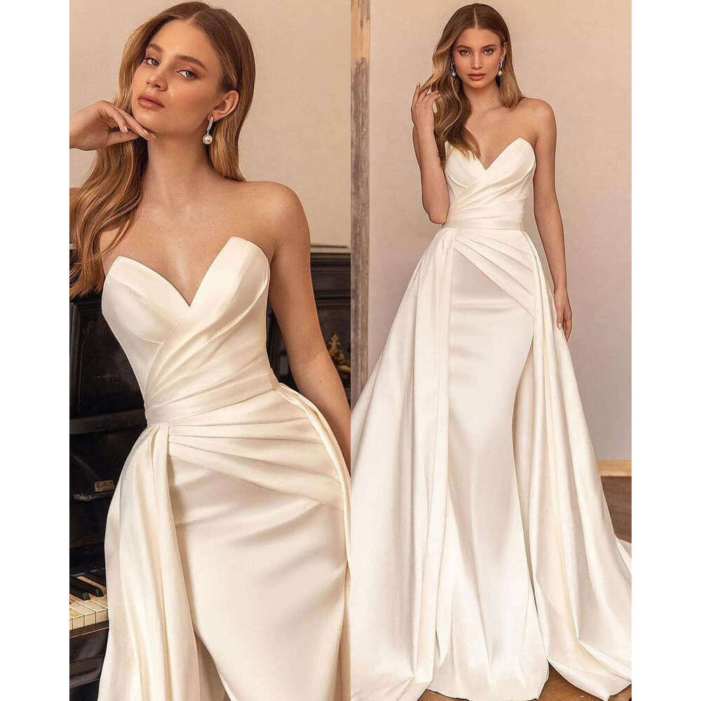 Simple Mermaid Wedding Dresses Strapless Bridal Gowns With Detachable Train Slim Custom Made Bride Clothes Vestidos De Novia 0226Lz