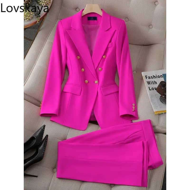 Button Decoration Formal Jacket Blazer And Trouser 2 Piece Set Fashion Pink Green Black Ladies Work Wear Pant Suit Women 240713