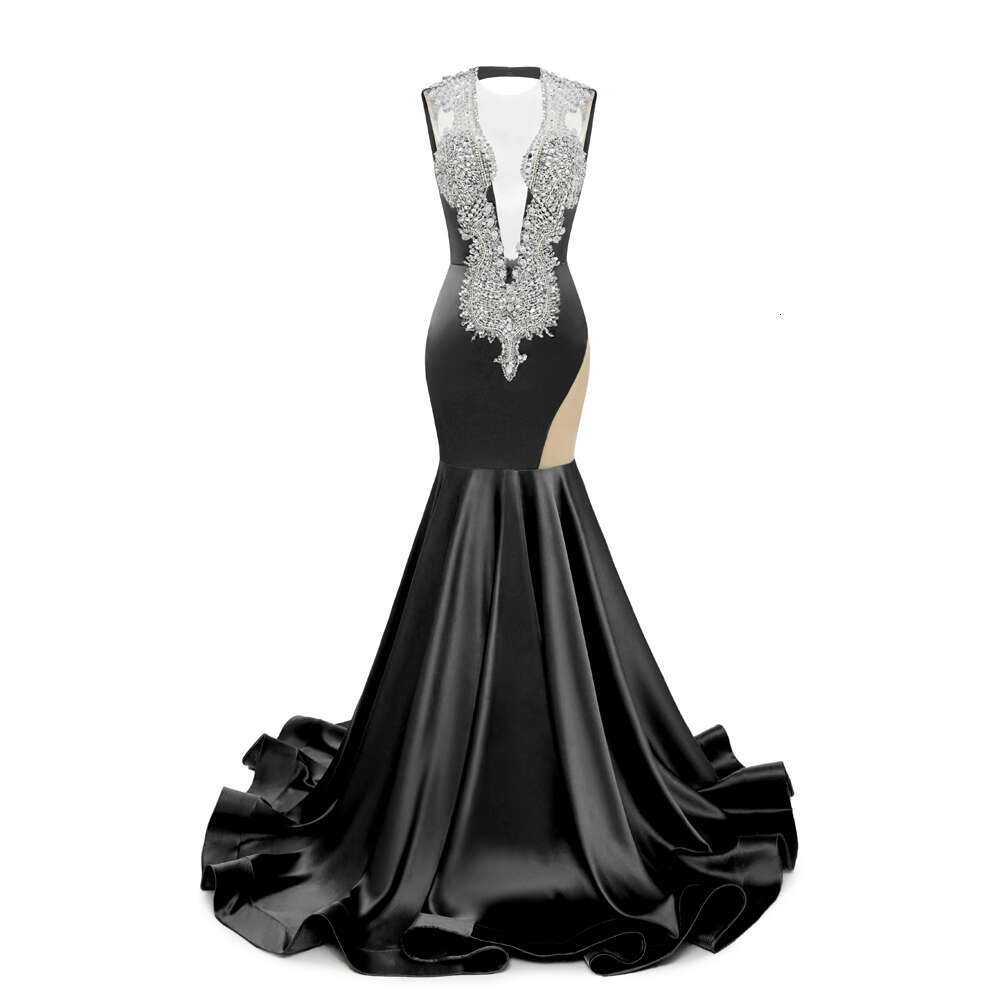 Vintage Green Satin Evening Dress Crystal Illusion Sequined Beaded Backless Cut Out V Neck Formal Party Prom Gown Robe De Soiree