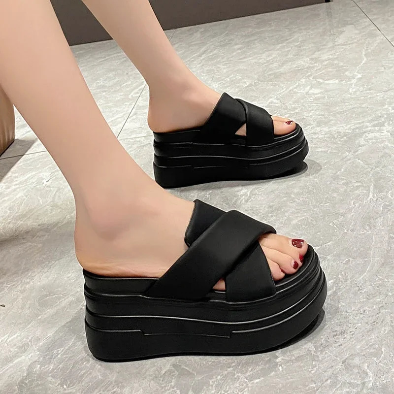 Womens high platform slider open toe leather wedge thick sandals 2024 summer thick soled womens beach flip 9CM 240719