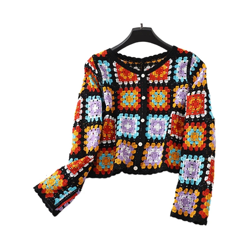 Women Beach Holiday Button Sweater Coat Crochet Knit Colorful Cardigan Outwear 10CF 240717