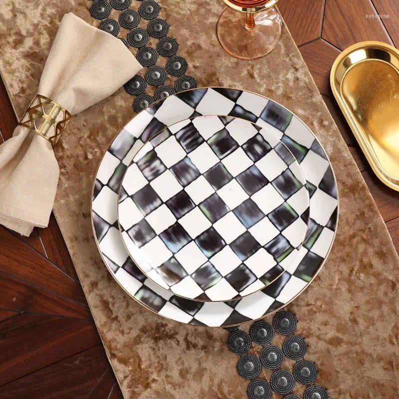 Plates 3Pcs Vintage Checkerboard Bone China Set 6Inch 8Inch 10Inch Porcelain Dinner Serving Dishes Kitchen Restaurant Dinnerware B5