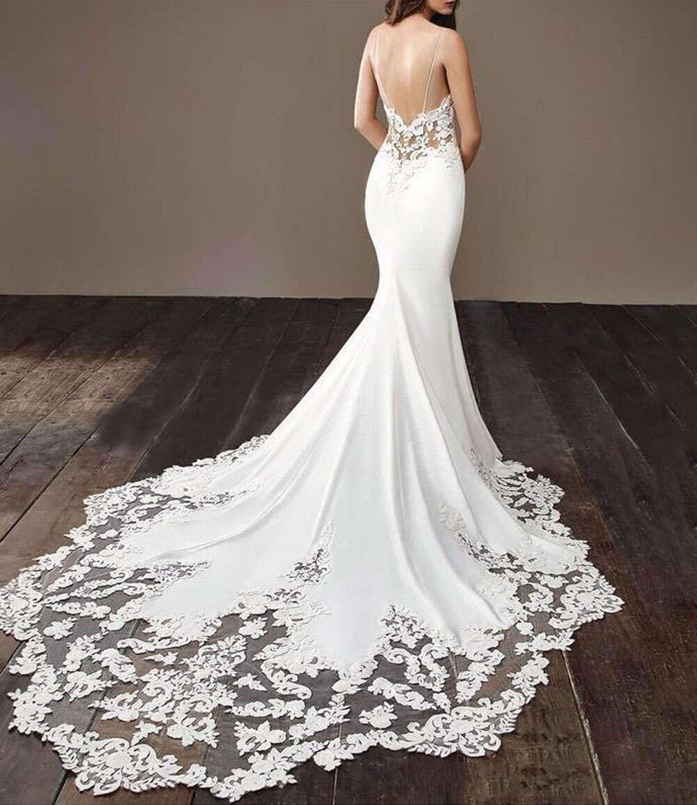 Black Lace Wedding Dresses Mermaid Women Spaghetti Straps Appliques Illusion Backless Bridal Gowns Vestidos De Novia