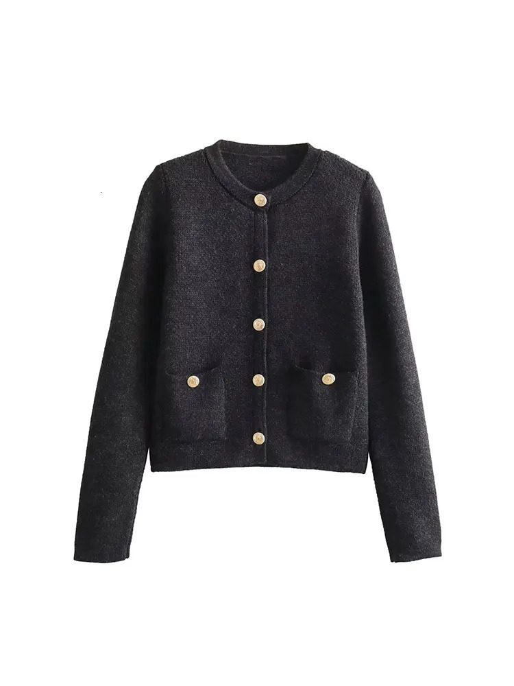 TRAF Autumn Knitted Slim Fitting Womens Cardigan Long Sleeve Pocket Single Breasted Female Sweater Fashion Lady Top 240712