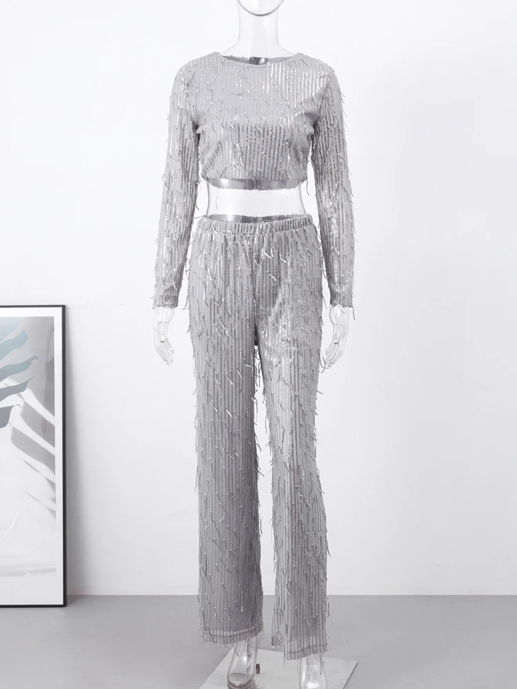 Clearance Tassel Sequin Women 2 Piece Set Spring Silver Bright Silk O-neck Crop Tops Wide Leg Pant Female Suit Fashion Lady Sets 240715