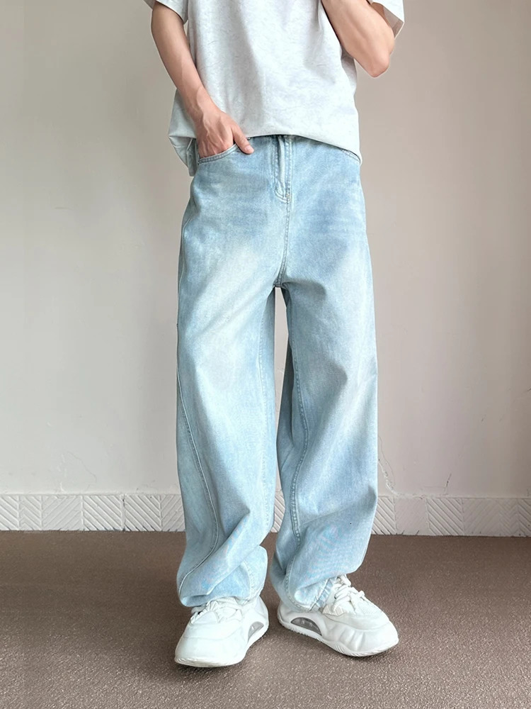 Korean Fashion Mens Baggy Jeans Light Blue High Street Straight Wide Trousers Personalized Washed Y2k Pants Male 240712