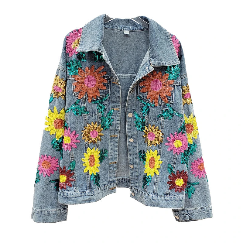 Fashion Sequins Sunflower Autumn Denim Woman Jacket Loose Blue Spring Jean Clothes Coats Womens Clothing Kurtka Jeansowa 240717