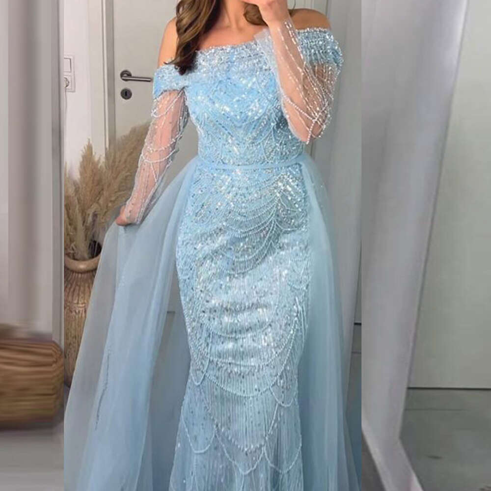 Gorgeous Blue Sequined Evening Dresses For Women Mermaid Dubai Boat Neck Beaded Arabic Vestidos Formal Party Gowns