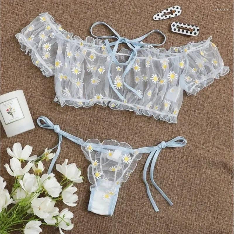 Bras Sets Sexy Womens Underwear Lace Floral Wire Free Lingerie Set Off-Shoulder Small Chest Bralette Thong Beachwear Transparent Bra