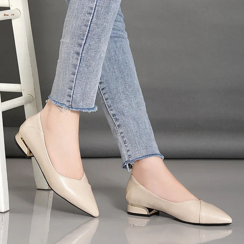 Spring and Autumn Single Shoes Women Thick Heel Pointed Toe Shallow Mouth Professional Allmatch Womens Leather 240718