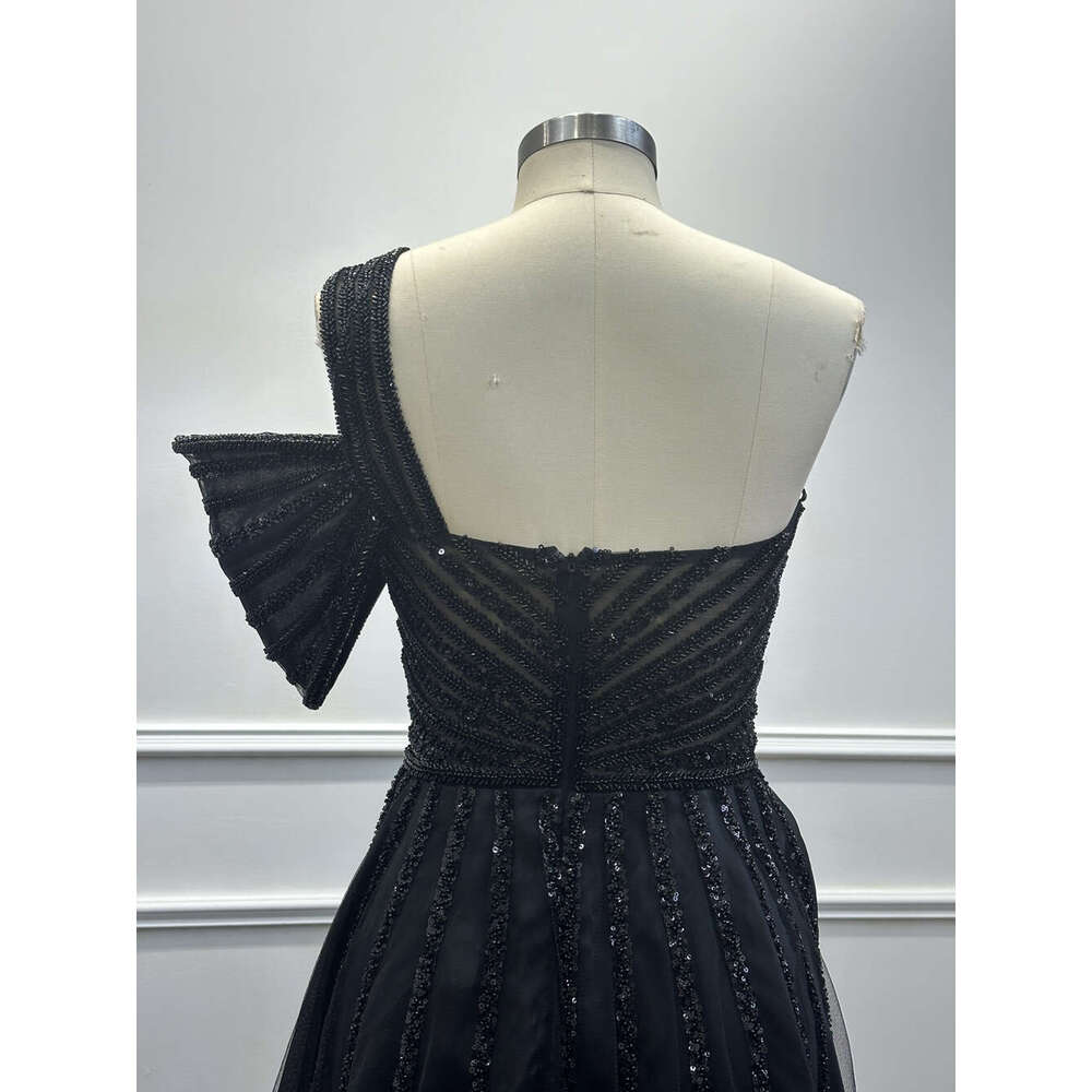 Mermaid Black Sequined Beading Evening Dresses One Shoulder High Split Arabic Formal Party Prom Gowns Vestidos De Fiesta