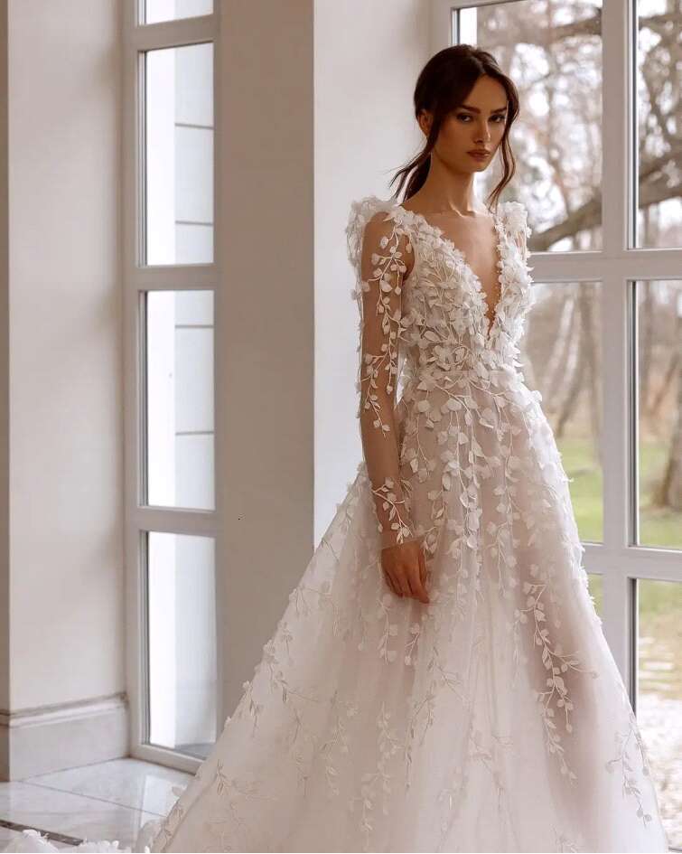 Elegant Appliques Backless Wedding Dresses For Women Embroidery Beaded Bridal Gowns Long Sleeve Formal Ocn Vestido De Novia