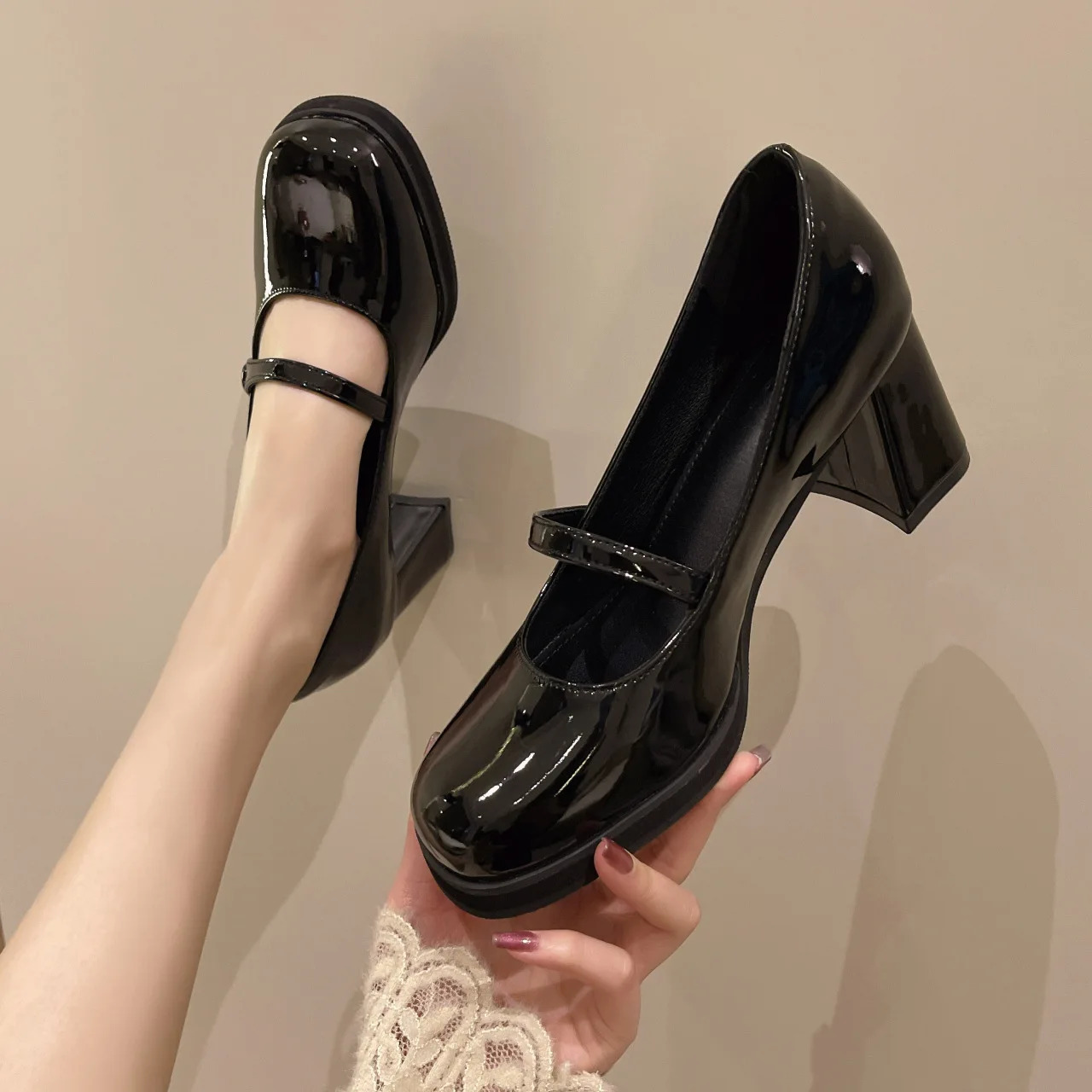 Women Autumn Black PU Leather Mary Jane Pumps Buckle Square Toe Shoes Female Med Thick Heels Single Shoe Zapatos De Mujer 240718