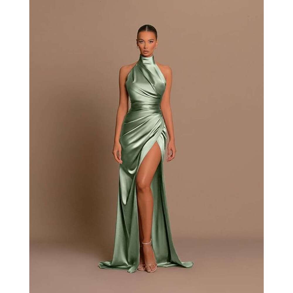 Elegant Halter Evening Dresses For Women Satin Sexy High Split Ruched Bust Waist Pleat Prom Celebrity Party Gowns Robe De Soiree