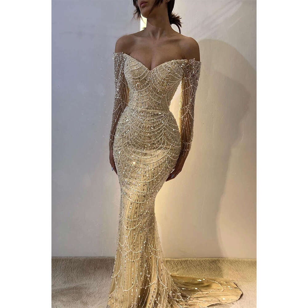 White Strapless Mermaid Evening Dresses Sequined Beaded Elegant Pearl Sexy Long Formal Prom Party Gowns Vestido De Fiesta