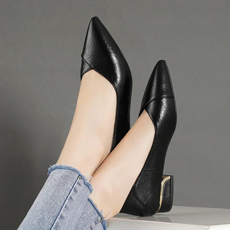 Spring and Autumn Single Shoes Women Thick Heel Pointed Toe Shallow Mouth Professional Allmatch Womens Leather 240718
