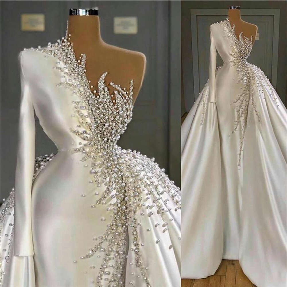 Pearls Crystal Wedding Dresses For Women One Shoulder Elegant Beaded Bridal Gown Formal Ocn Evening Vestido De Novia