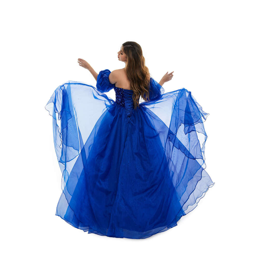 Sparkly Sequined Evening Dresses Royal Blue Tulle Puffy Sleeves Sweetheart Formal Party Prom Ball Gowns Lace Up Robe De Soiree