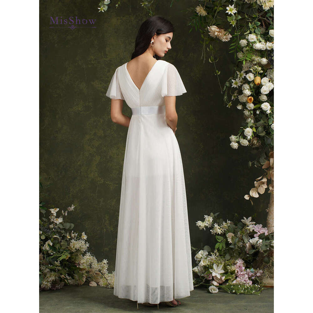 Simple Ivory Beach Dresses Women A-Line Puffer Short Sleeve V-Neck Tulle Backless Bridal Wedding Evening Party Gowns New