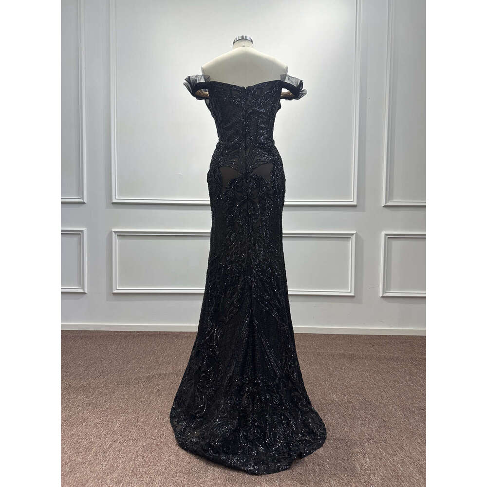 Black Tulle Sequined Evening Dresses Off The Shoulder Mermaid Pleat Arabic Formal Party Prom Gowns Vestidos De Fiesta