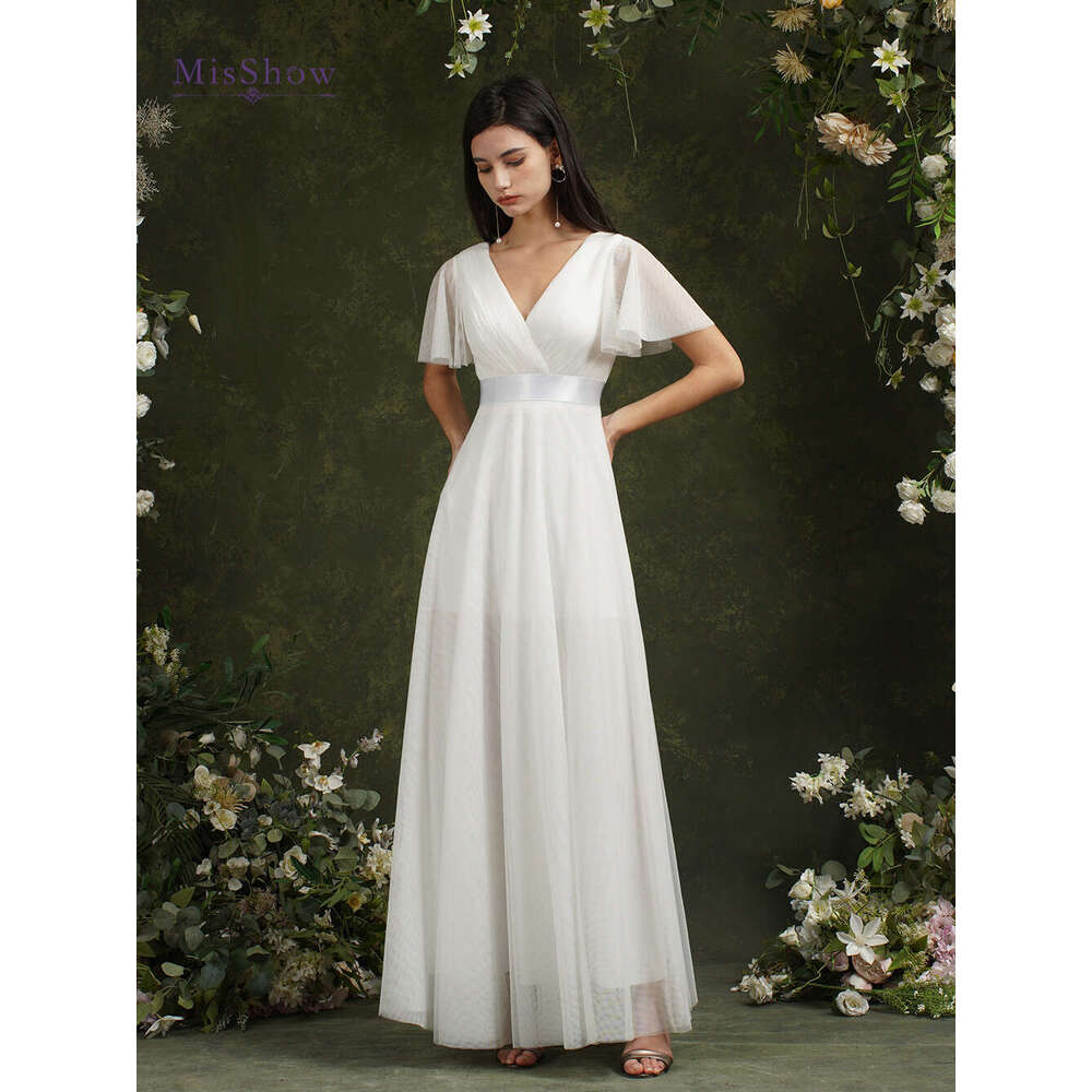 Simple Ivory Beach Dresses Women A-Line Puffer Short Sleeve V-Neck Tulle Backless Bridal Wedding Evening Party Gowns New