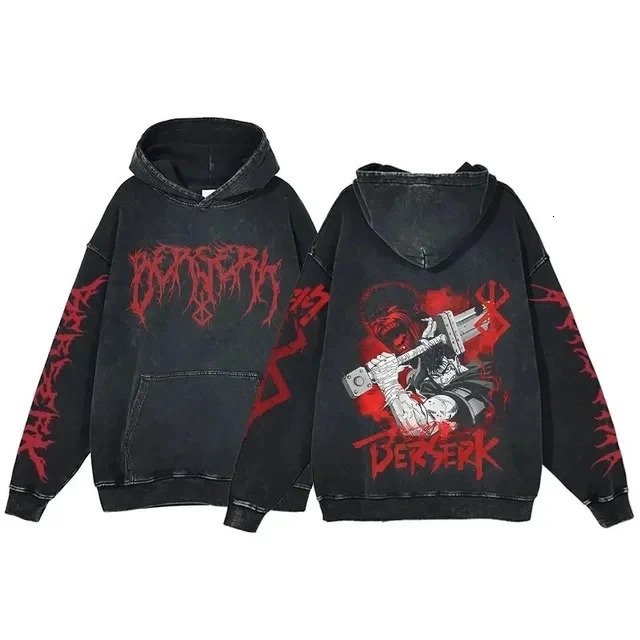 Anime Berserk Retro Washed Hoodies 100% Cotton Tops Black Acid Vintage Hooded Sweatshirts Oversize Hip Hop Male Pullover 240716