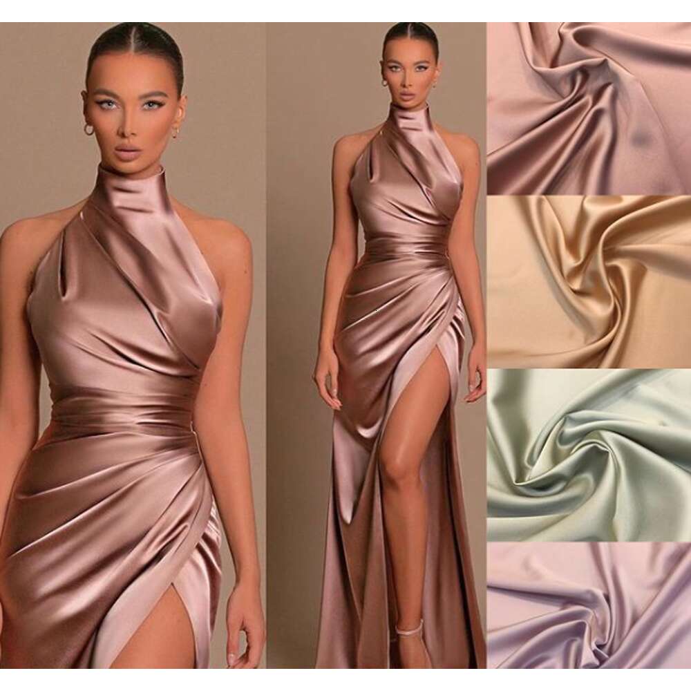 Elegant Halter Evening Dresses For Women Satin Sexy High Split Ruched Bust Waist Pleat Prom Celebrity Party Gowns Robe De Soiree