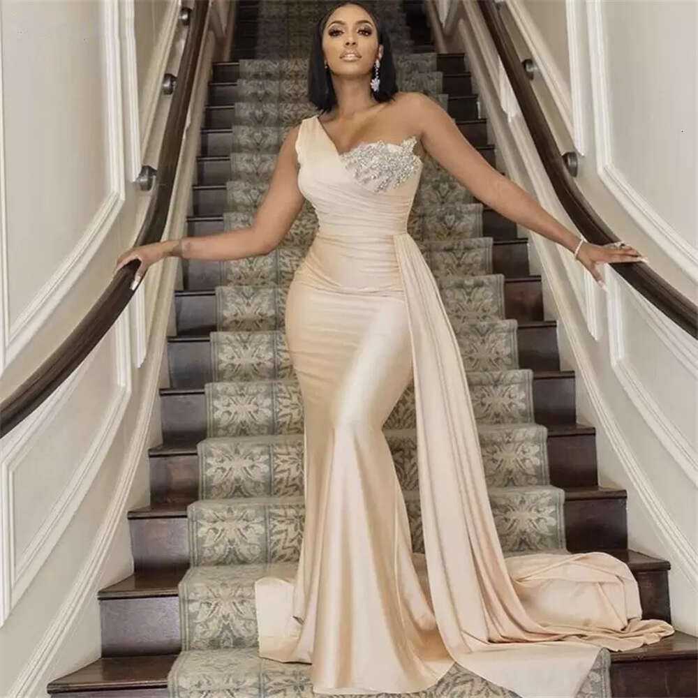 African Champagne Satin Evening Dresses One Shoulder Appliques Beaded Elegant Formal Party Prom Gowns For Bride Robe De Soiree
