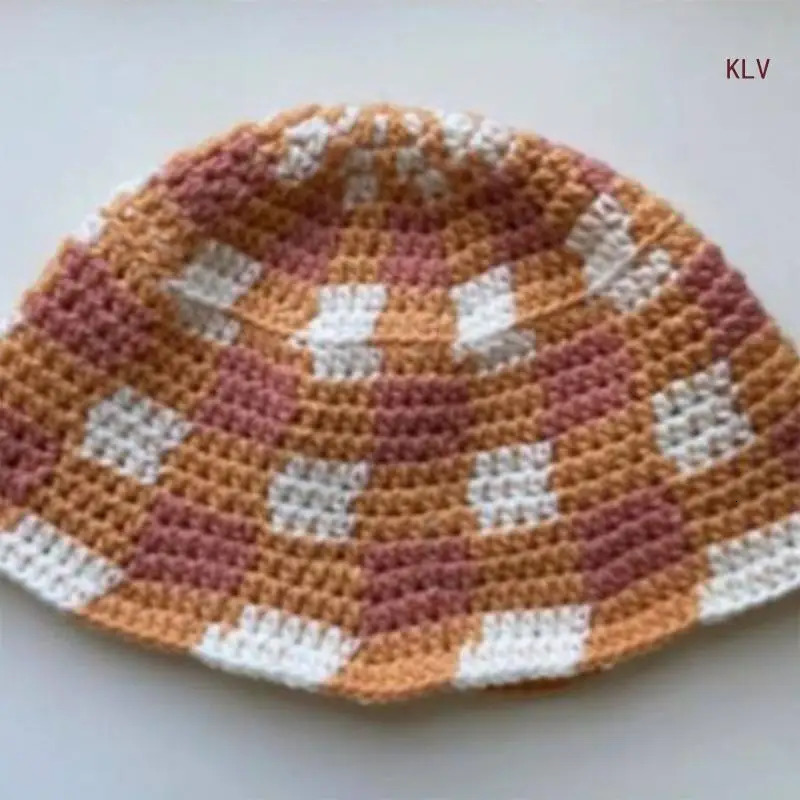 Knit Houndstooth Bucket Hat for Woman Floppy Color Matching Weaving Wide Brim Bucket Hat Teens Autumn Fisherman Hat 240712