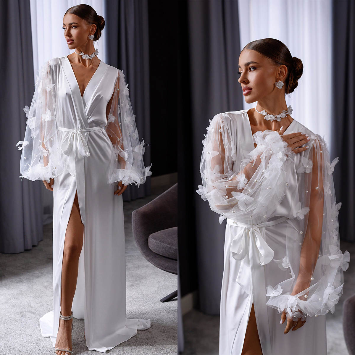 Tulle Silk Dressing Sleepwear Butterfly Pearls Long Robes Photo Shoot Lingerie Belt Bath Robe Nightwear Plus Size Female Bathrobes Dresses