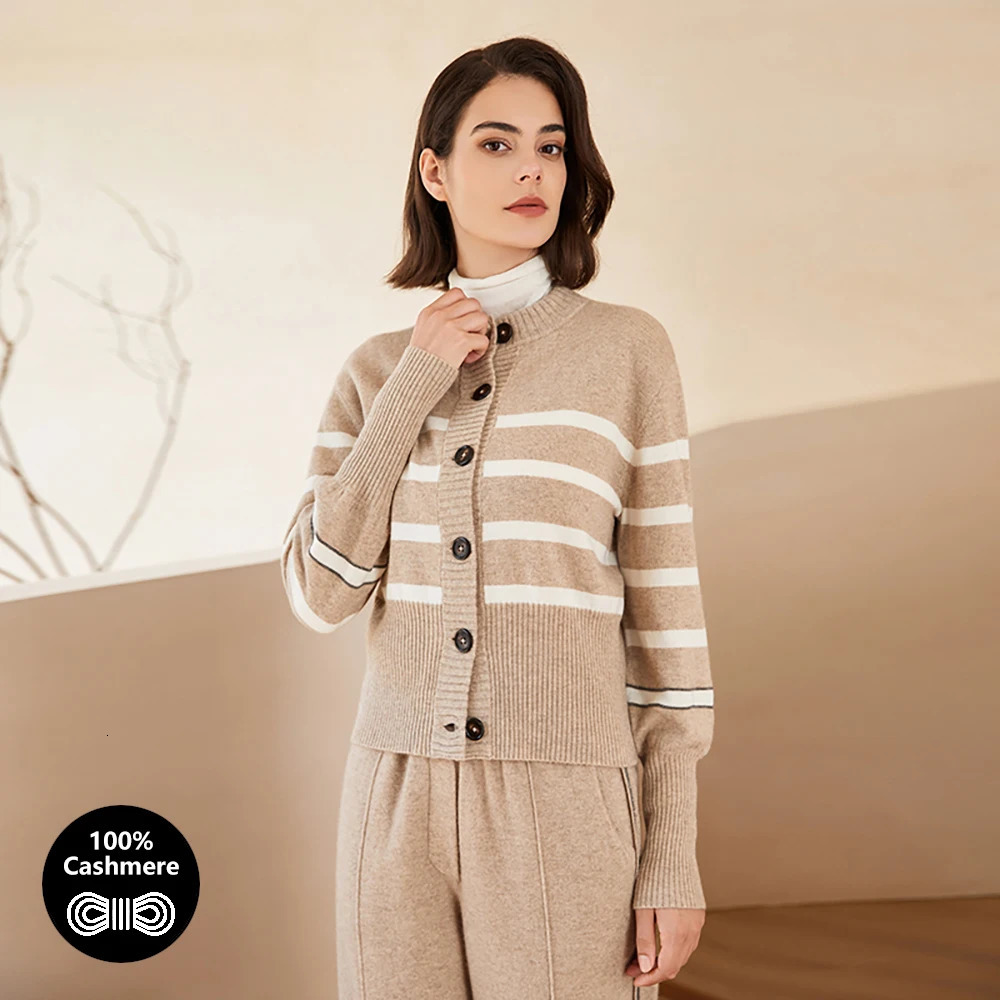 BC-267 Crewneck Single-Breasted Stripe Pure 100% Cashmere Clothes Knit Cardigan For Womens Autumn Sweater 240715