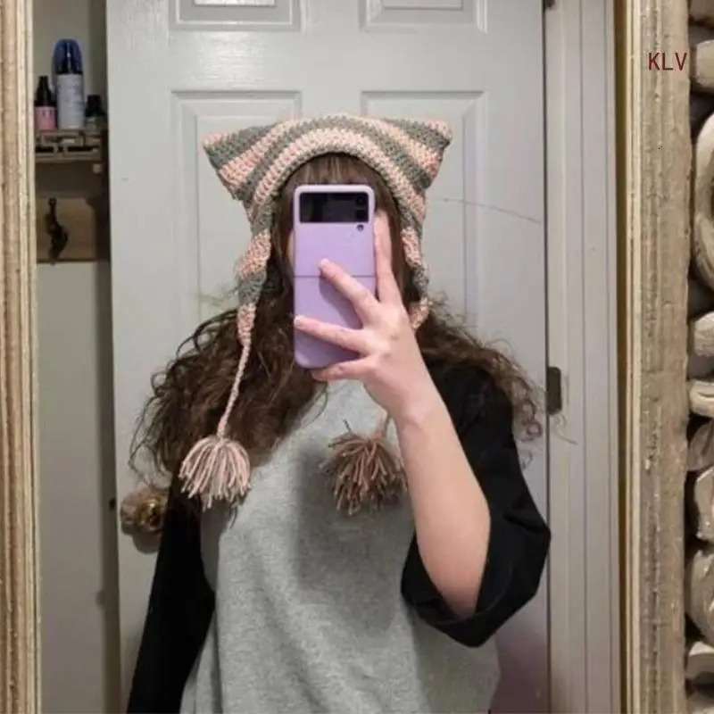 High Elastic Windproof Cat Ear Hat Knitted Stripe Pattern Hat for Women Men Keep Ear Warm Hat with Dangle Pompoms Decor 240712