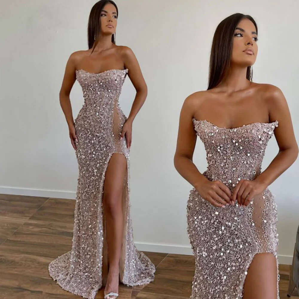 Sparkly Sequined Evening Dresses For Women High Split Strapless Mermaid Beaded Formal Ocn Party Prom Gowns Vestidos De Gala