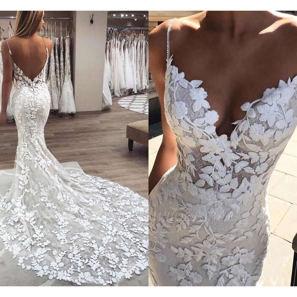 Mermaid Wedding Dresses 3D Floral Appliques Lace Backless Sweep Tulle Train Plus Size Boho Beach Bridal Gowns Robe De Novia