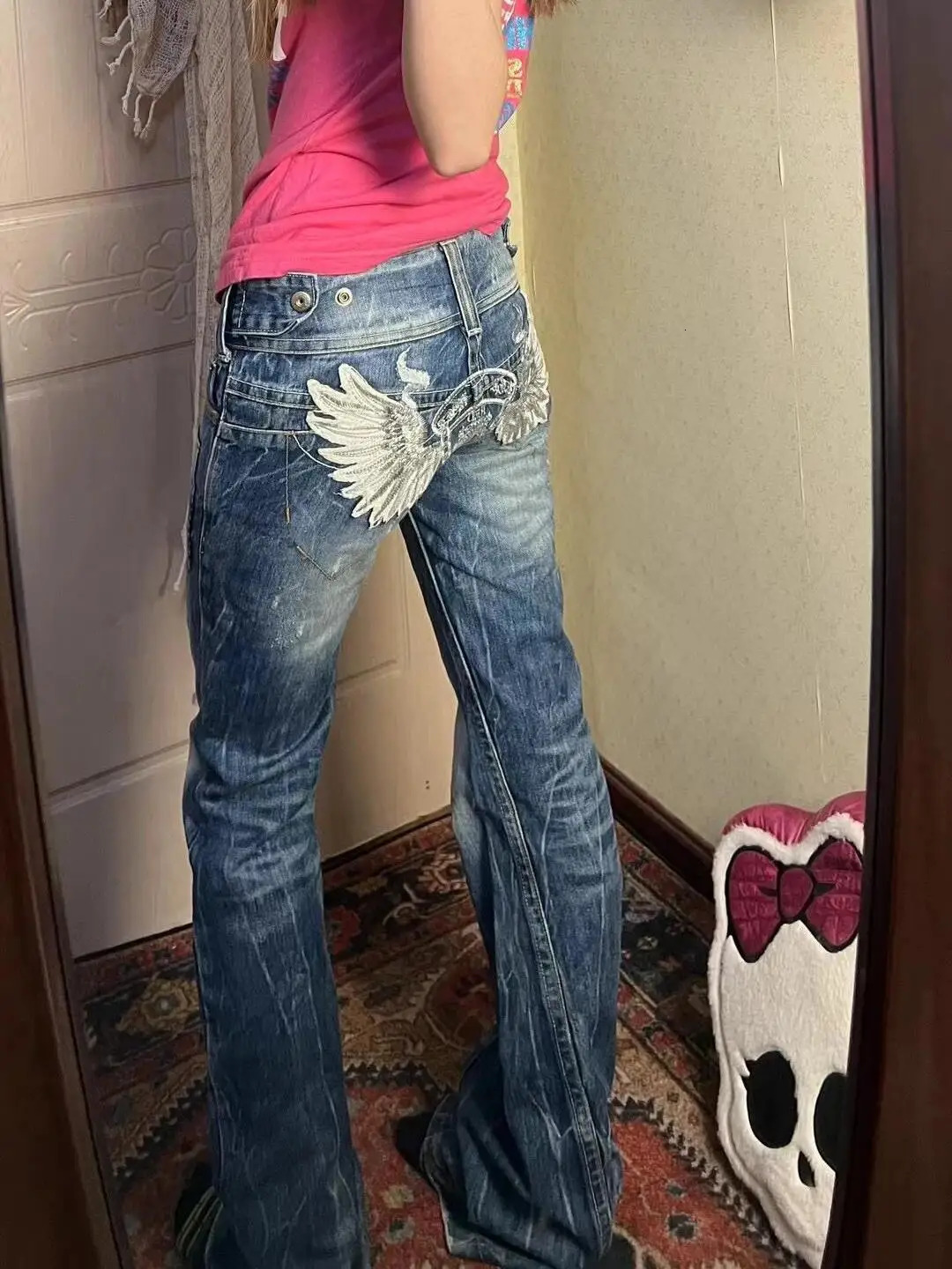 Y2k Girl Heavy Industry Wings Embroidered Pleated Jeans Retro Low-waisted Slim Fit Micro-flared Pants Women Clothing 240717